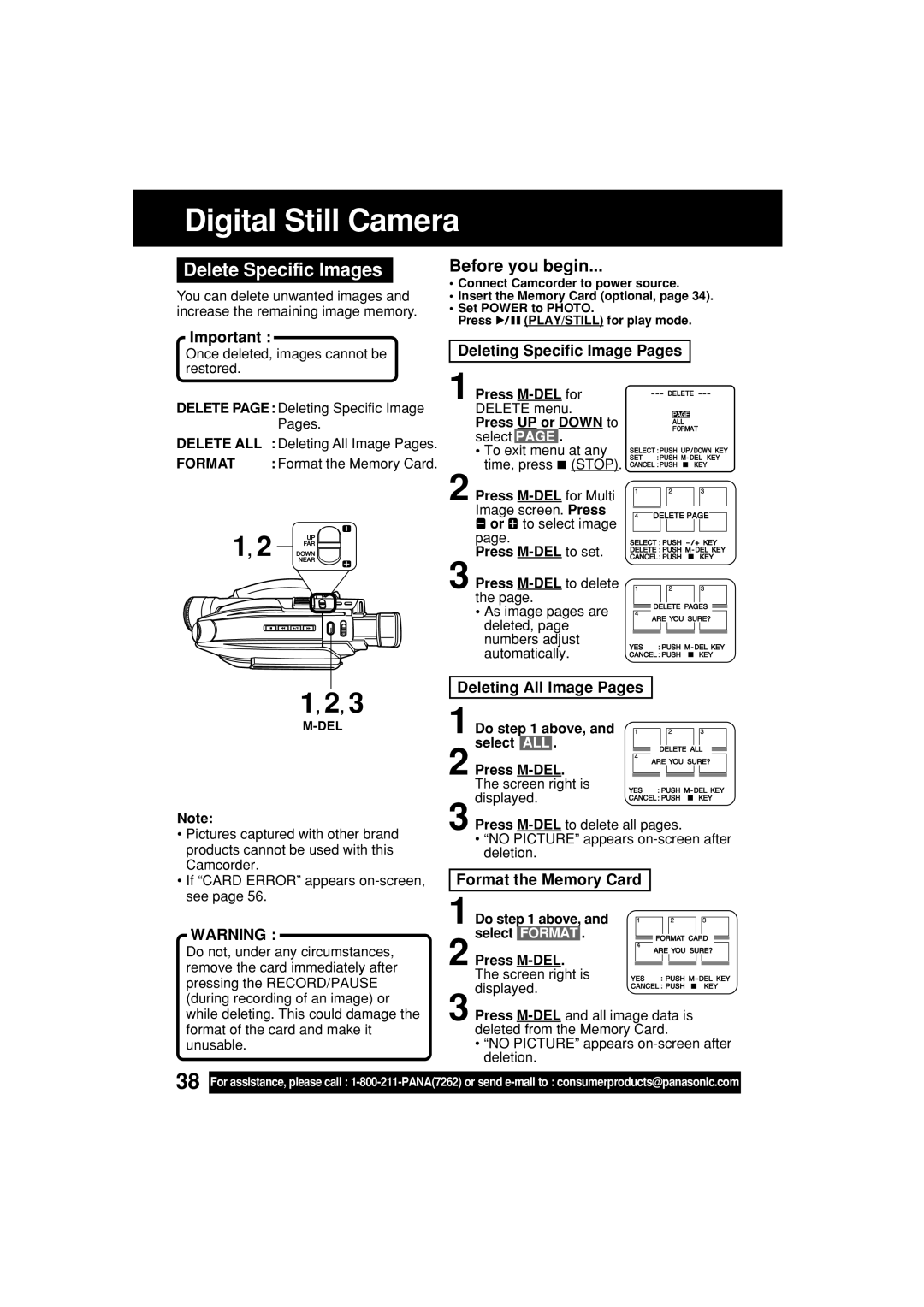 Panasonic PV-L453 Delete Specific Images, Deleting Specific Image Pages, Deleting All Image Pages, Format the Memory Card 