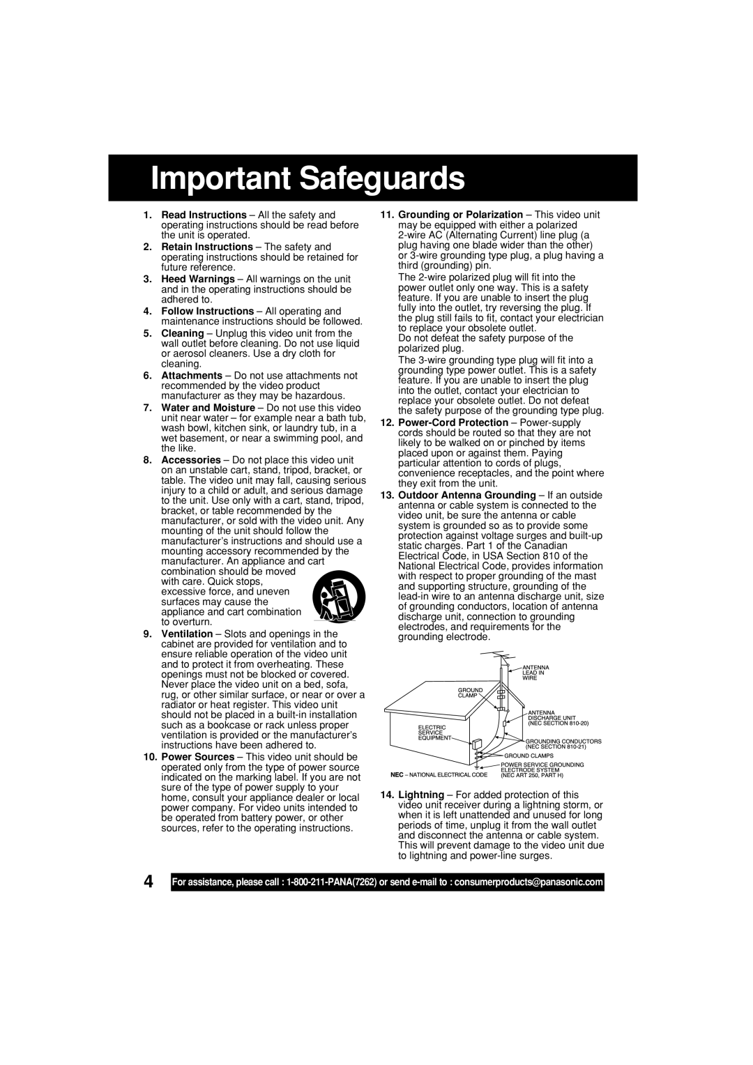 Panasonic PV-L453 operating instructions Important Safeguards 