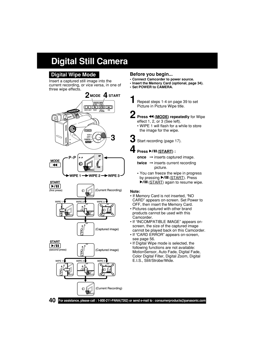 Panasonic PV-L453 Digital Wipe Mode, Press Mode repeatedly for Wipe effect 1, 2, or 3 See left, Press Start 