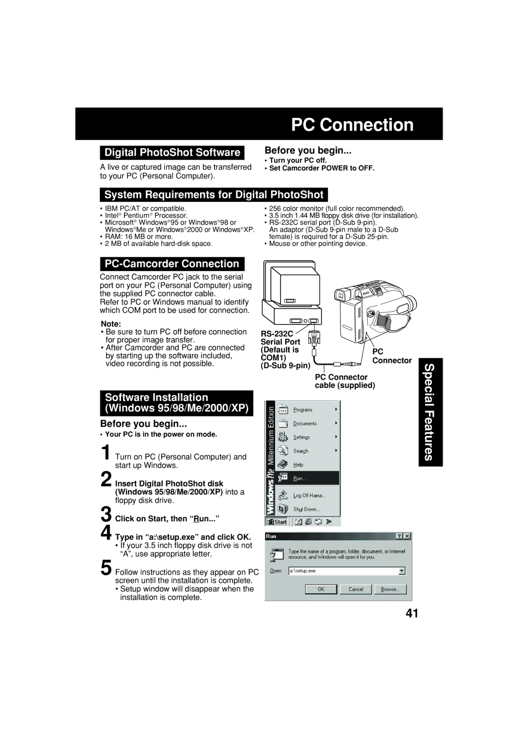 Panasonic PV-L453 PC Connection, Digital PhotoShot Software, System Requirements for Digital PhotoShot 