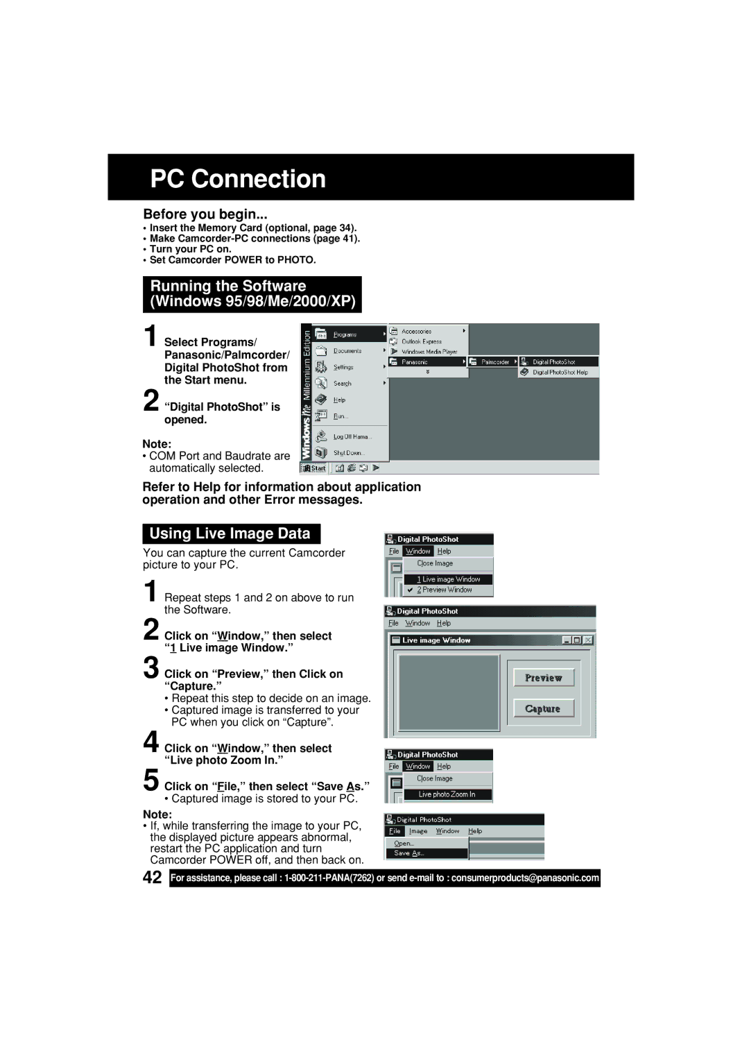 Panasonic PV-L453 operating instructions Running the Software Windows 95/98/Me/2000/XP, Using Live Image Data 