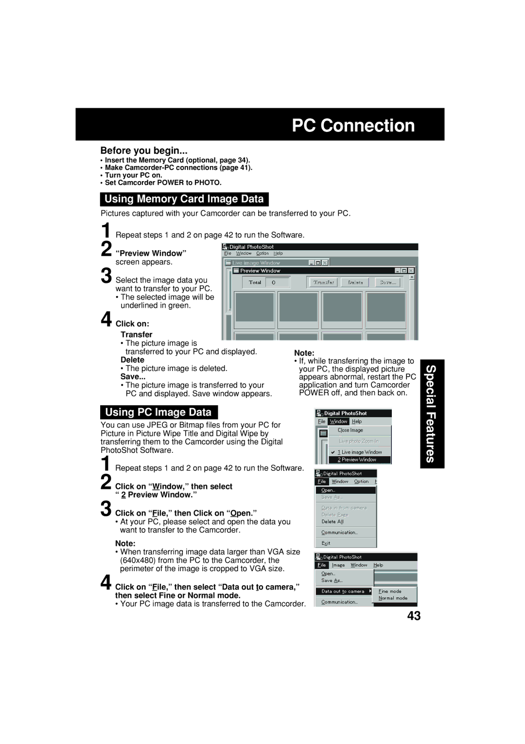 Panasonic PV-L453 operating instructions Using Memory Card Image Data, Using PC Image Data 