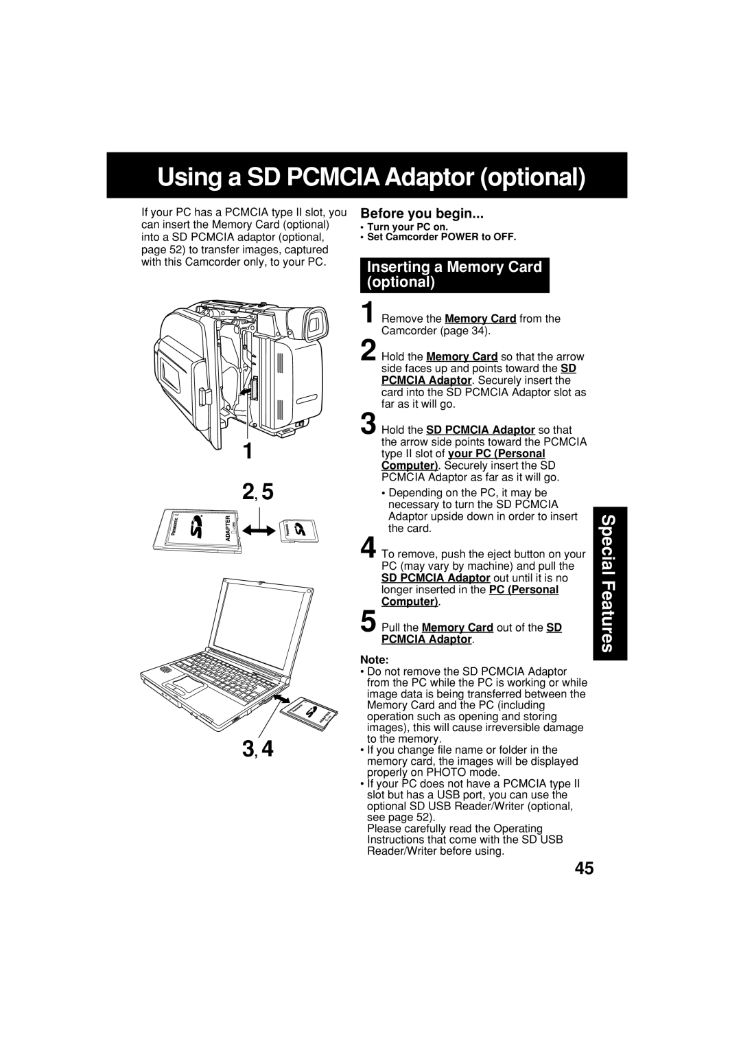 Panasonic PV-L453 operating instructions Using a SD Pcmcia Adaptor optional, Inserting a Memory Card optional 