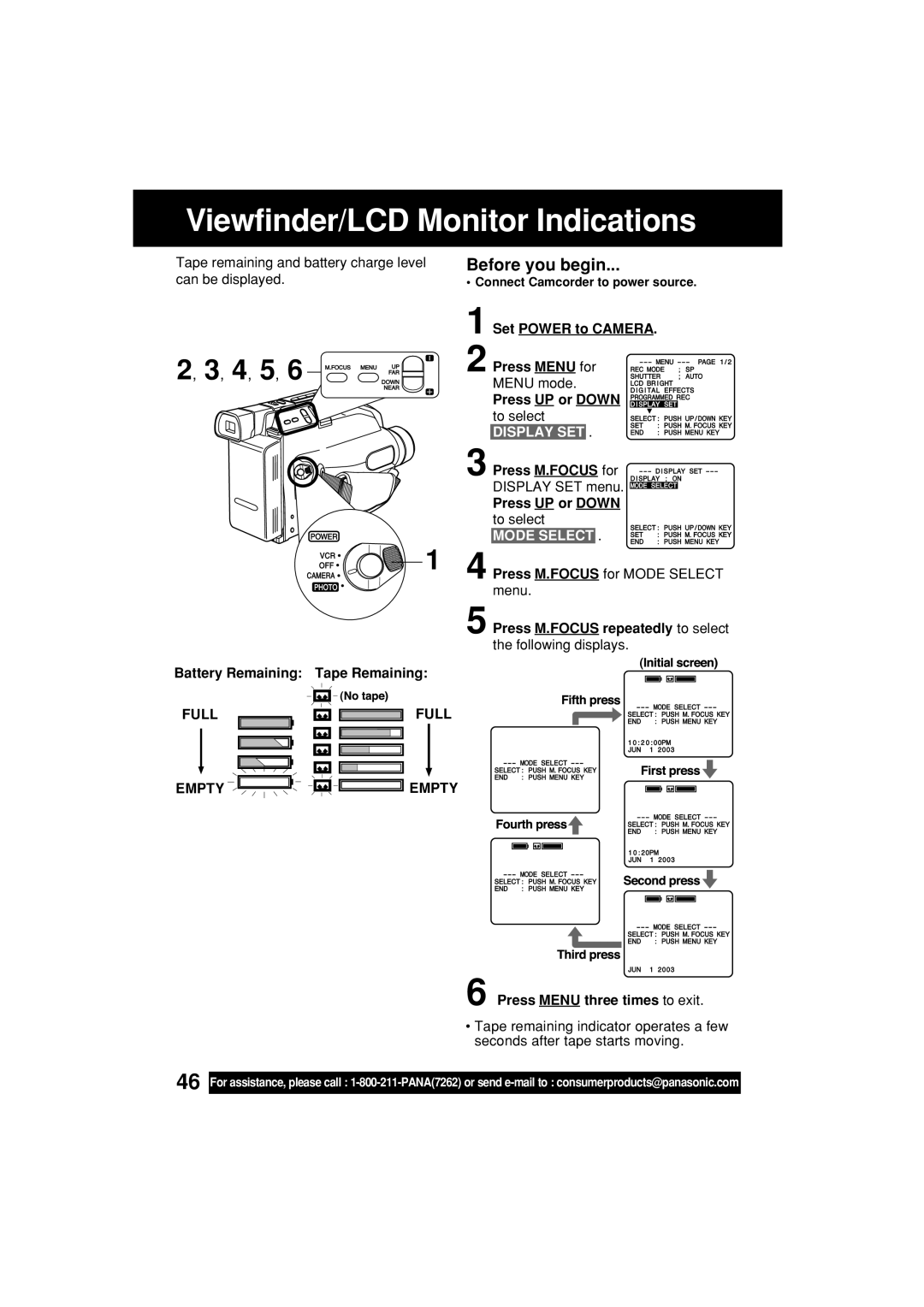 Panasonic PV-L453 operating instructions Viewfinder/LCD Monitor Indications, Mode Select, Full Empty 