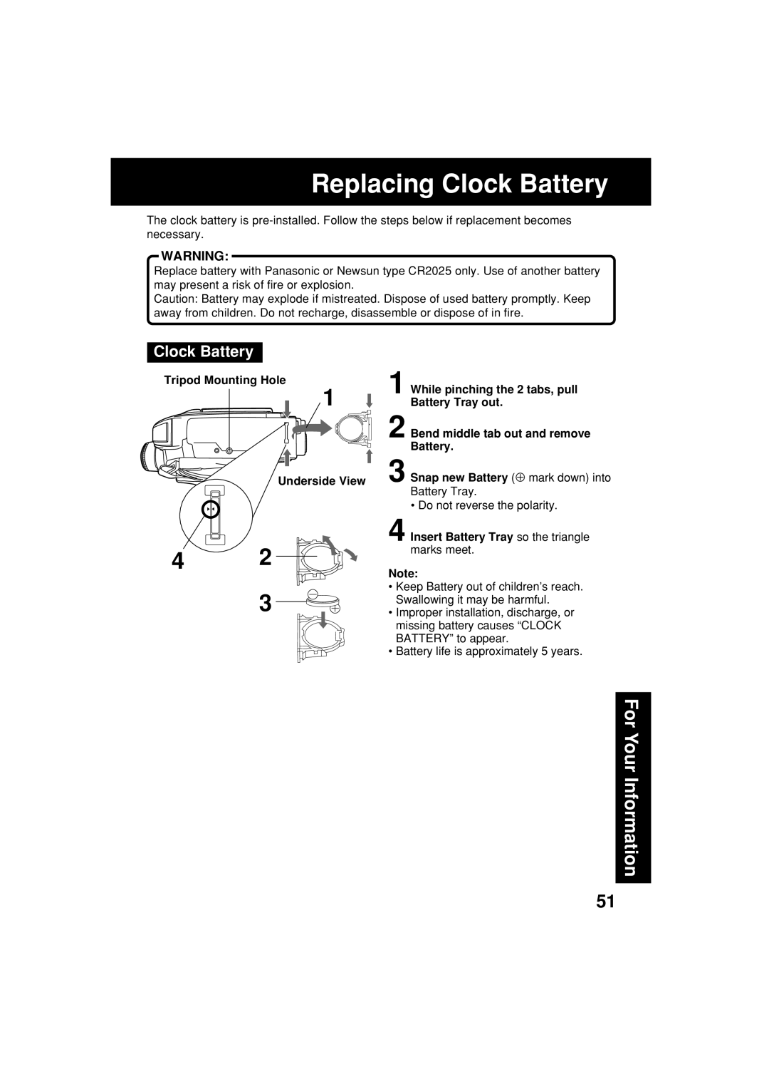 Panasonic PV-L453 operating instructions Replacing Clock Battery, Insert Battery Tray so the triangle marks meet 