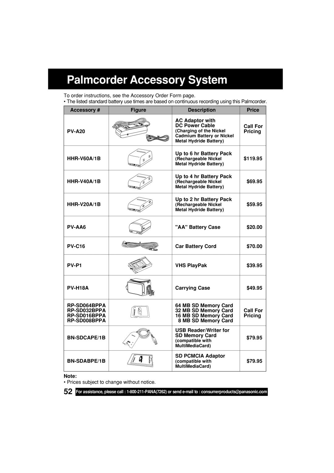 Panasonic PV-L453 operating instructions Palmcorder Accessory System 