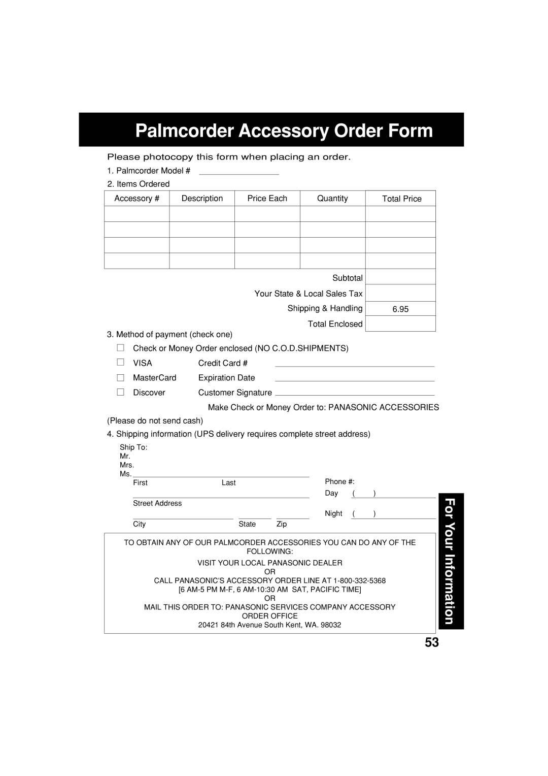 Panasonic PV-L453 operating instructions Palmcorder Accessory Order Form, Visa 