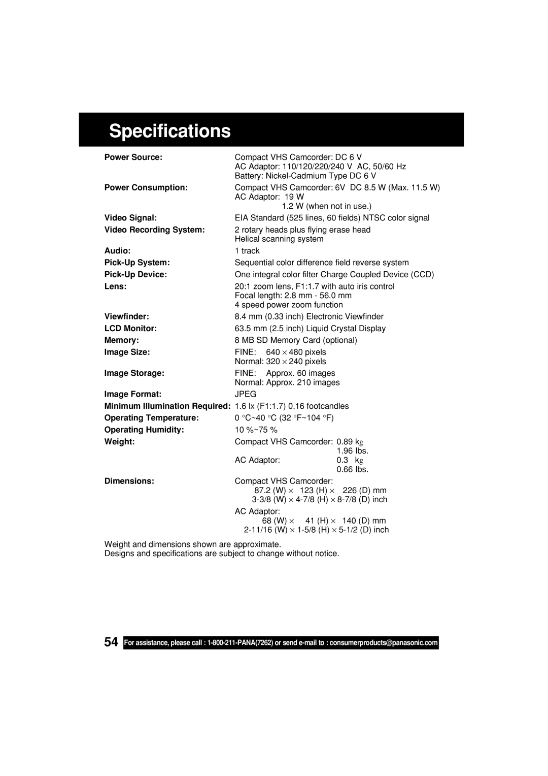 Panasonic PV-L453 operating instructions Specifications 