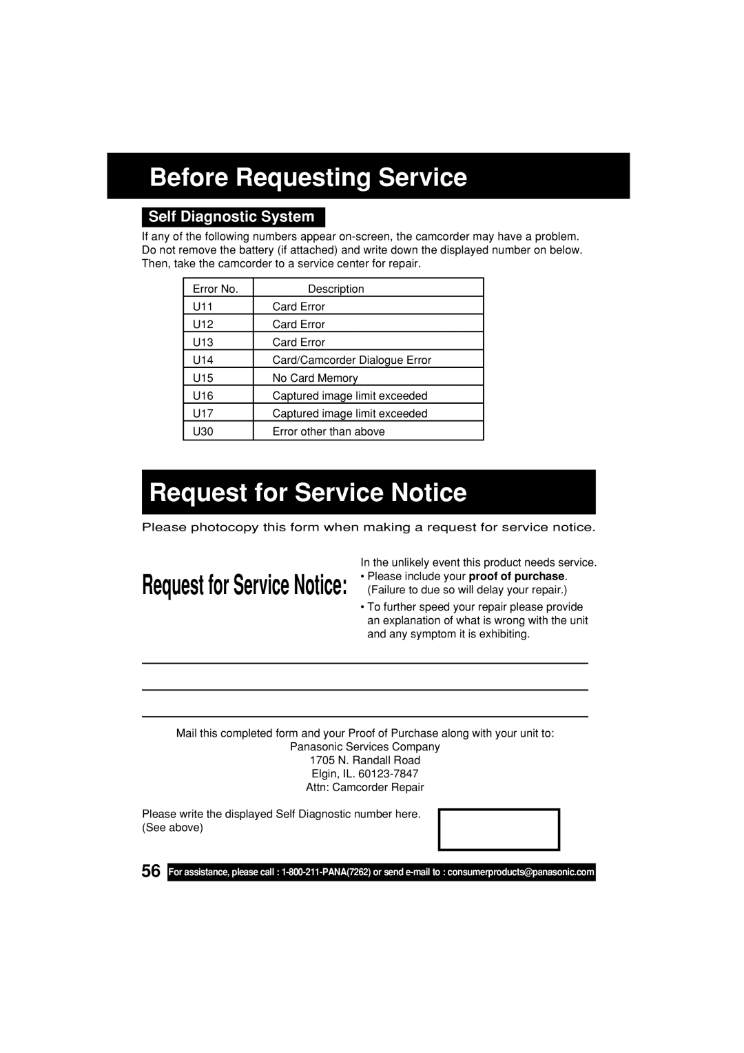 Panasonic PV-L453 operating instructions Request for Service Notice, Self Diagnostic System 