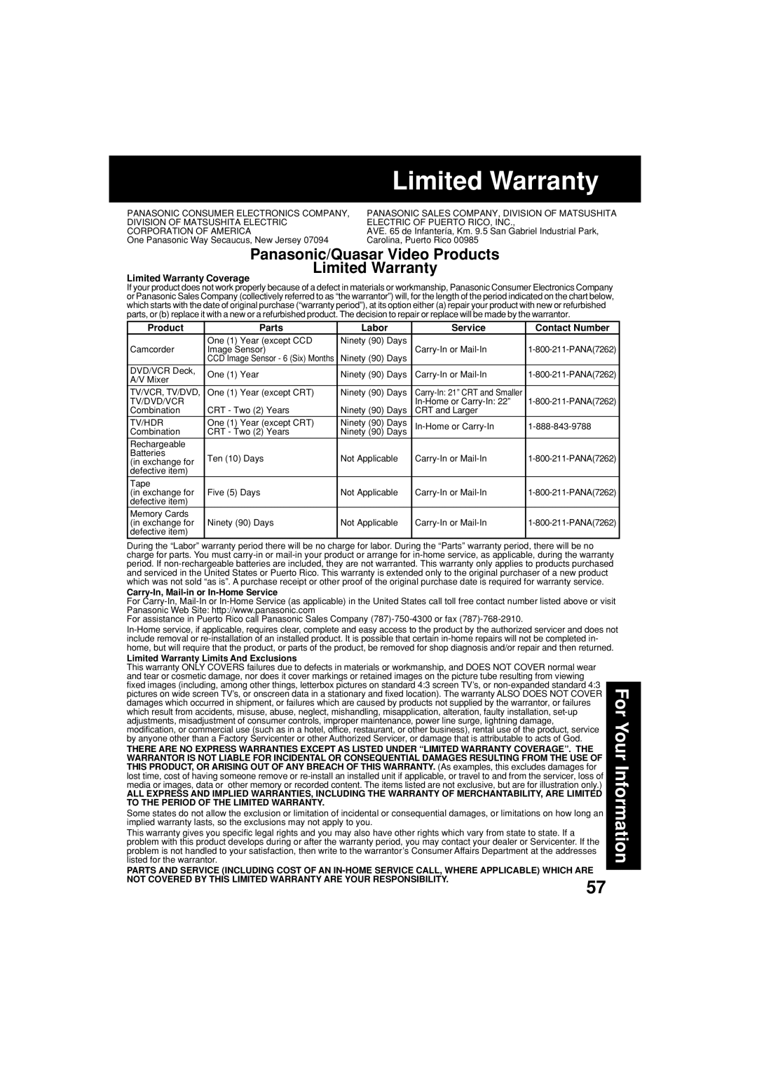 Panasonic PV-L453 operating instructions Panasonic/Quasar Video Products Limited Warranty 