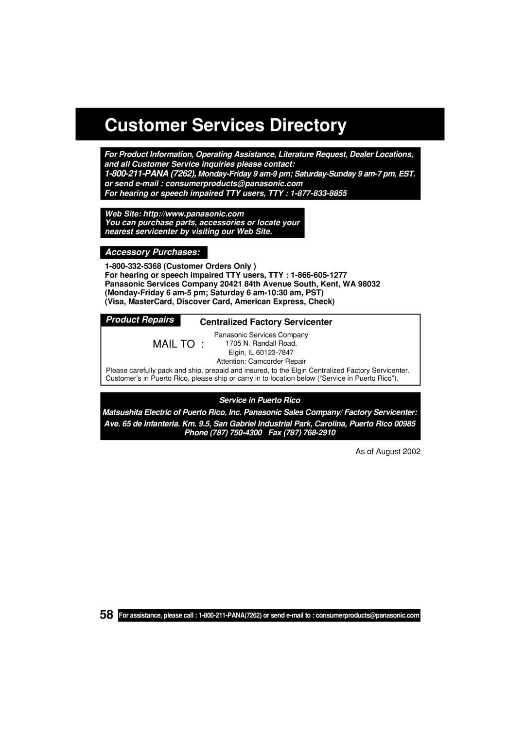 Panasonic PV-L453 operating instructions Customer Services Directory, Centralized Factory Servicenter 