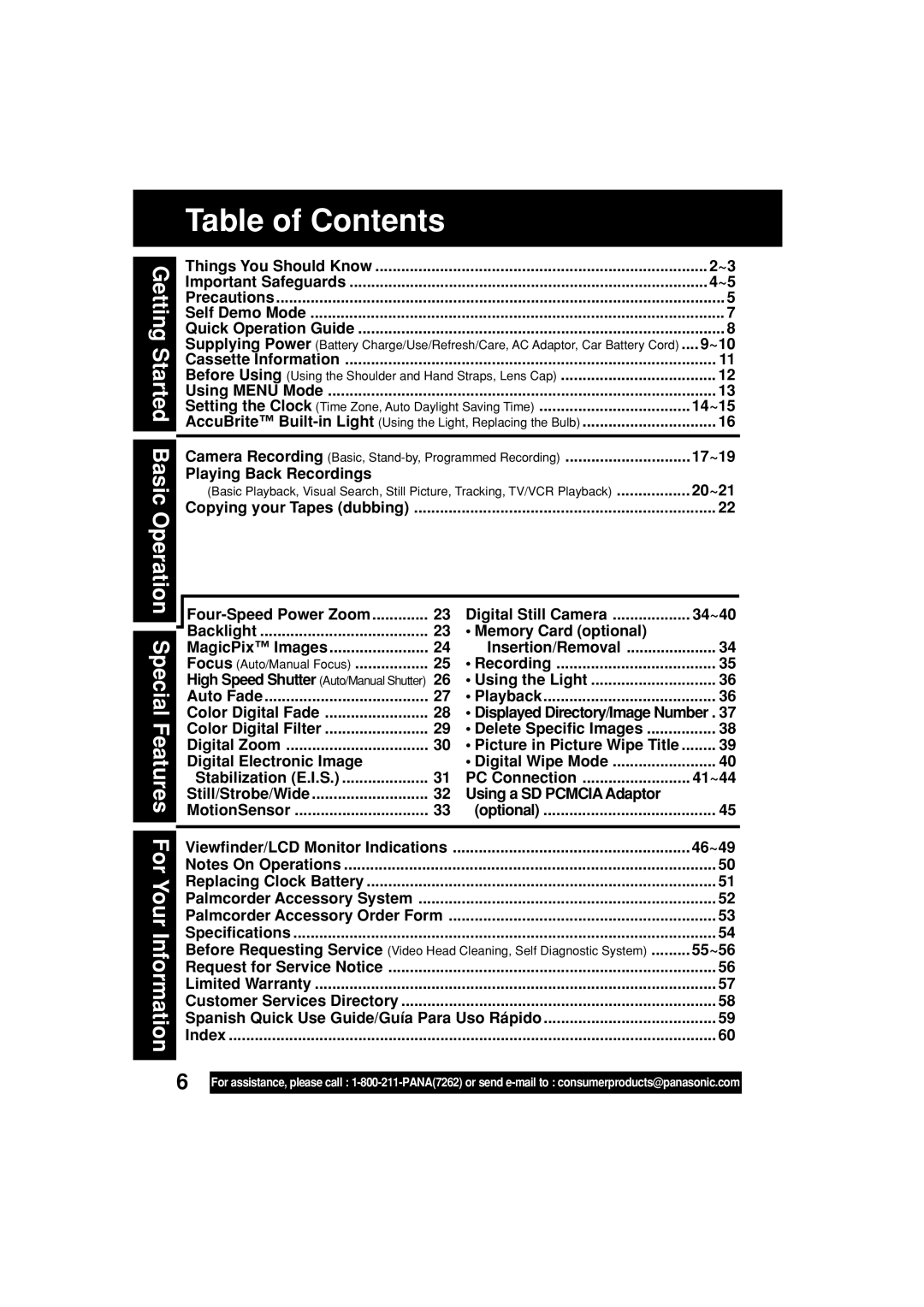 Panasonic PV-L453 operating instructions Table of Contents 