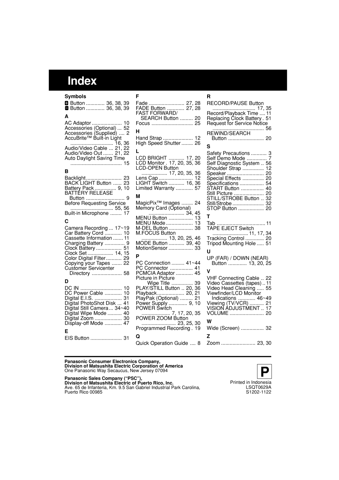 Panasonic PV-L453 operating instructions Index, Symbols 