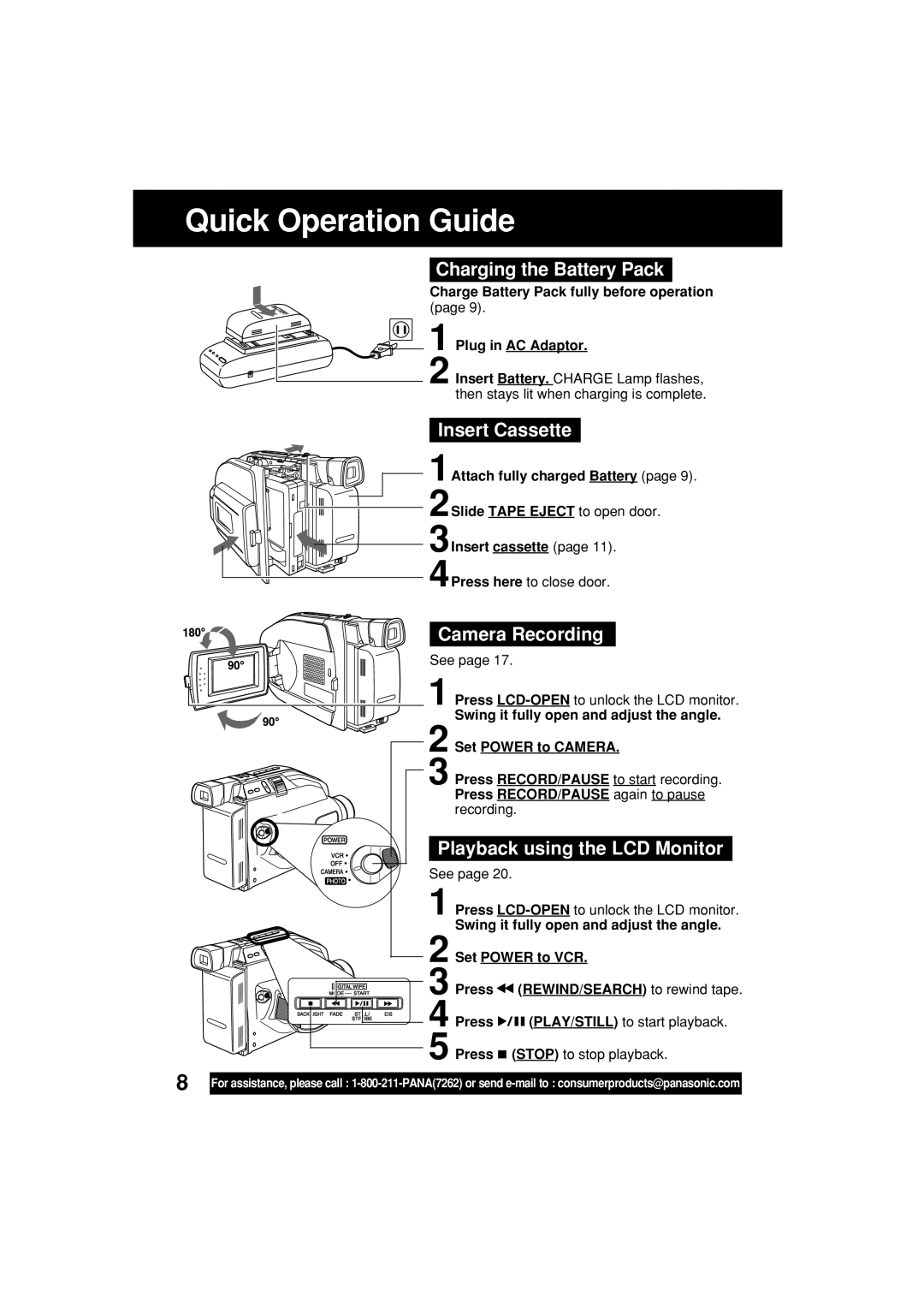 Panasonic PV-L453 Quick Operation Guide, Charging the Battery Pack, Insert Cassette, Camera Recording 