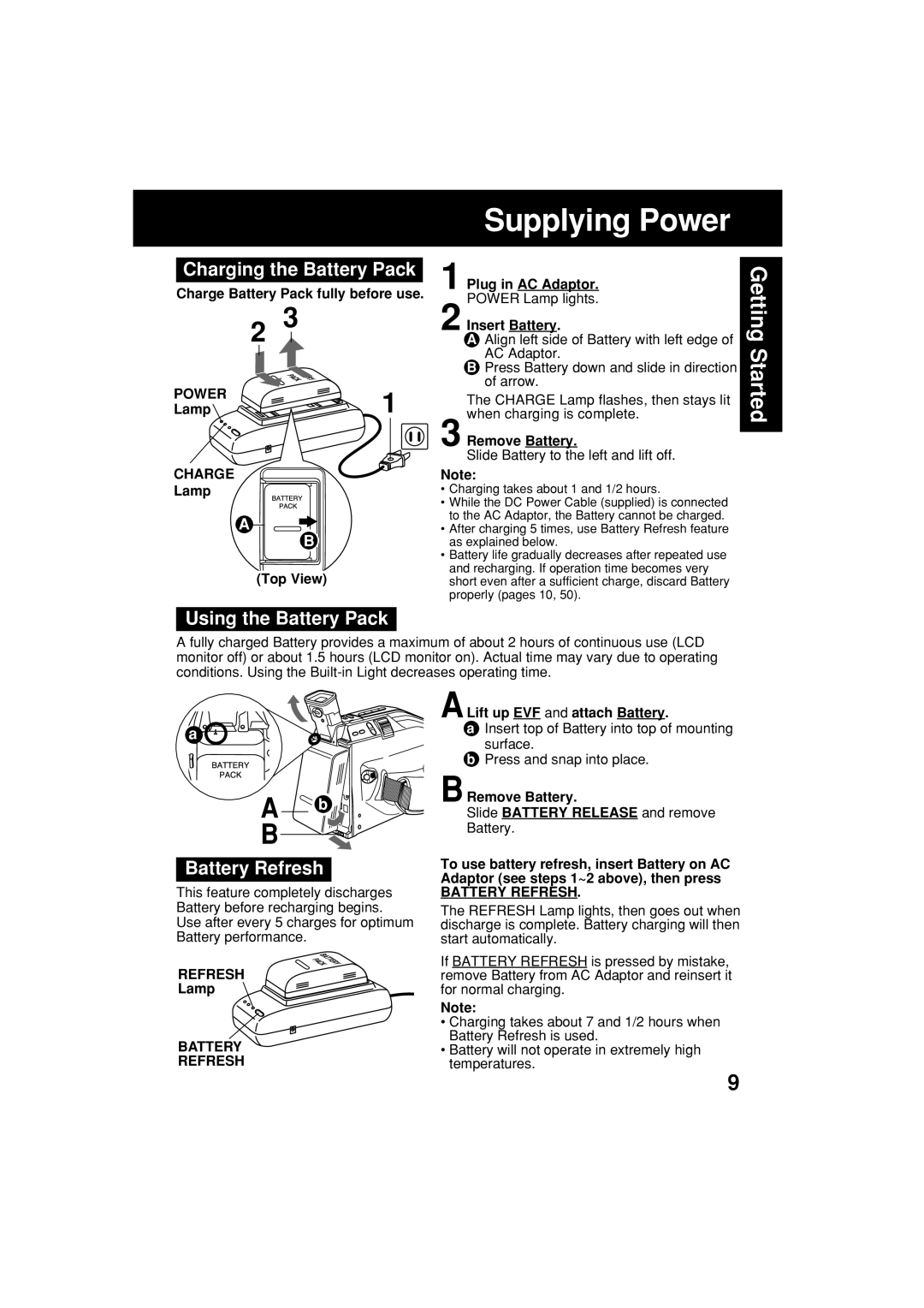 Panasonic PV-L453 operating instructions Supplying Power, Using the Battery Pack, Battery Refresh 