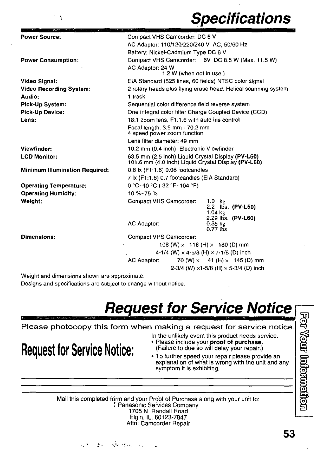 Panasonic PV-L60, PV-L50 manual 