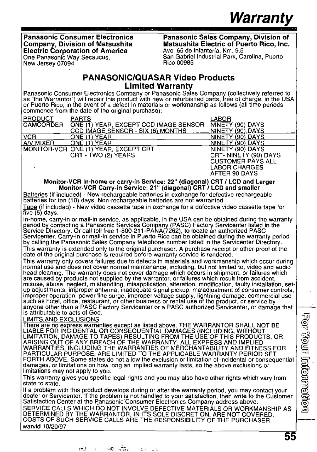 Panasonic PV-L60, PV-L50 manual 