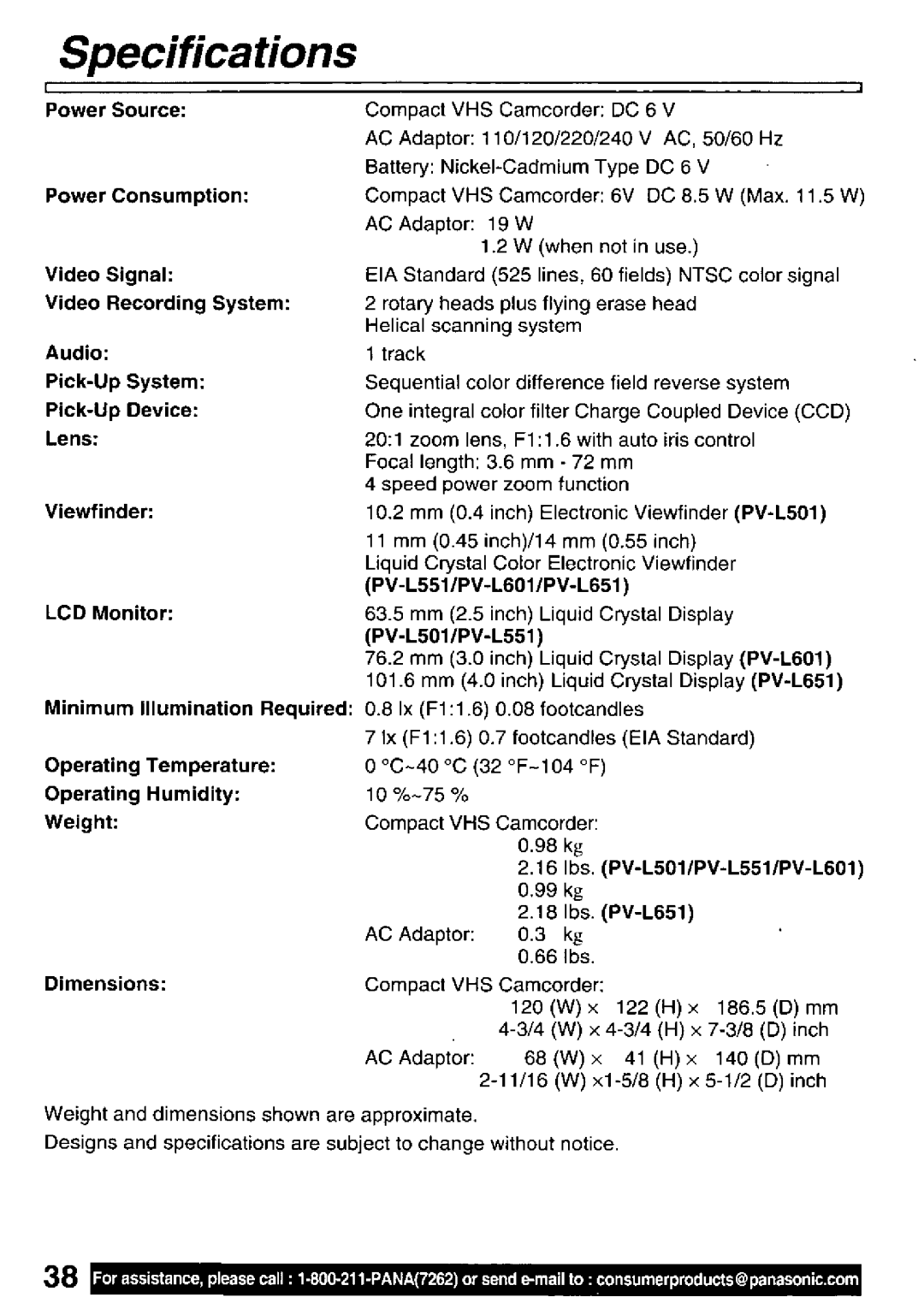 Panasonic PV-L501 manual 