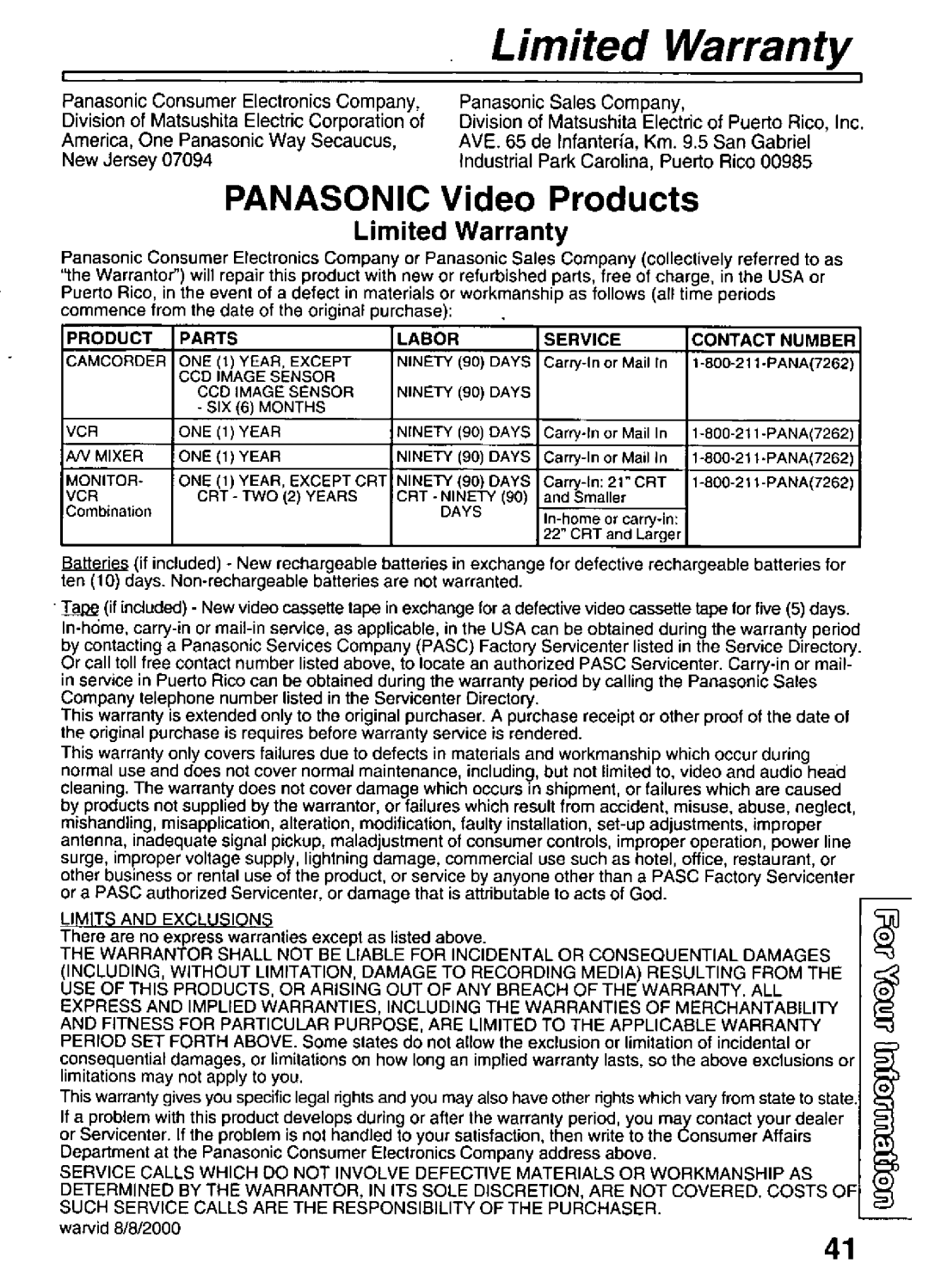 Panasonic PV-L501 manual 