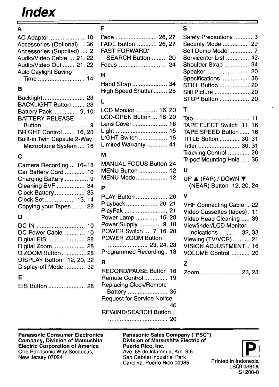 Panasonic PV-L501 manual 