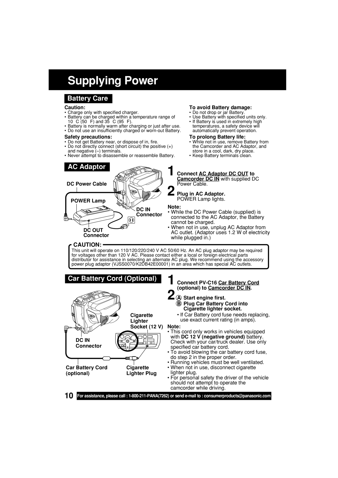 Panasonic PV-L552H operating instructions Battery Care, AC Adaptor, Car Battery Cord Optional, Dc Out 