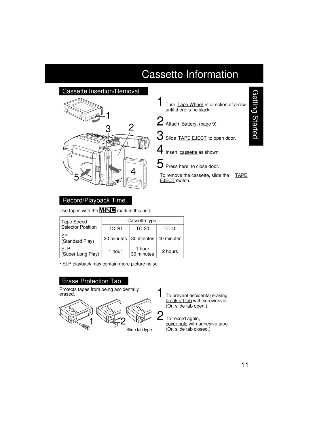 Panasonic PV-L552H Cassette Information, Cassette Insertion/Removal, Record/Playback Time, Erase Protection Tab, Slp 