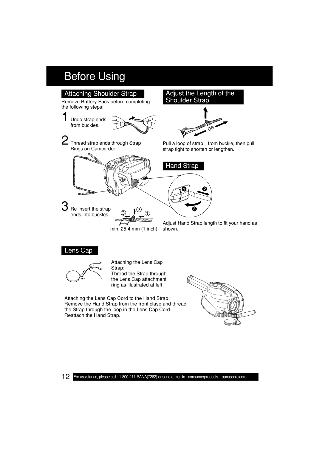 Panasonic PV-L552H Before Using, Attaching Shoulder Strap, Adjust the Length of the Shoulder Strap, Hand Strap, Lens Cap 