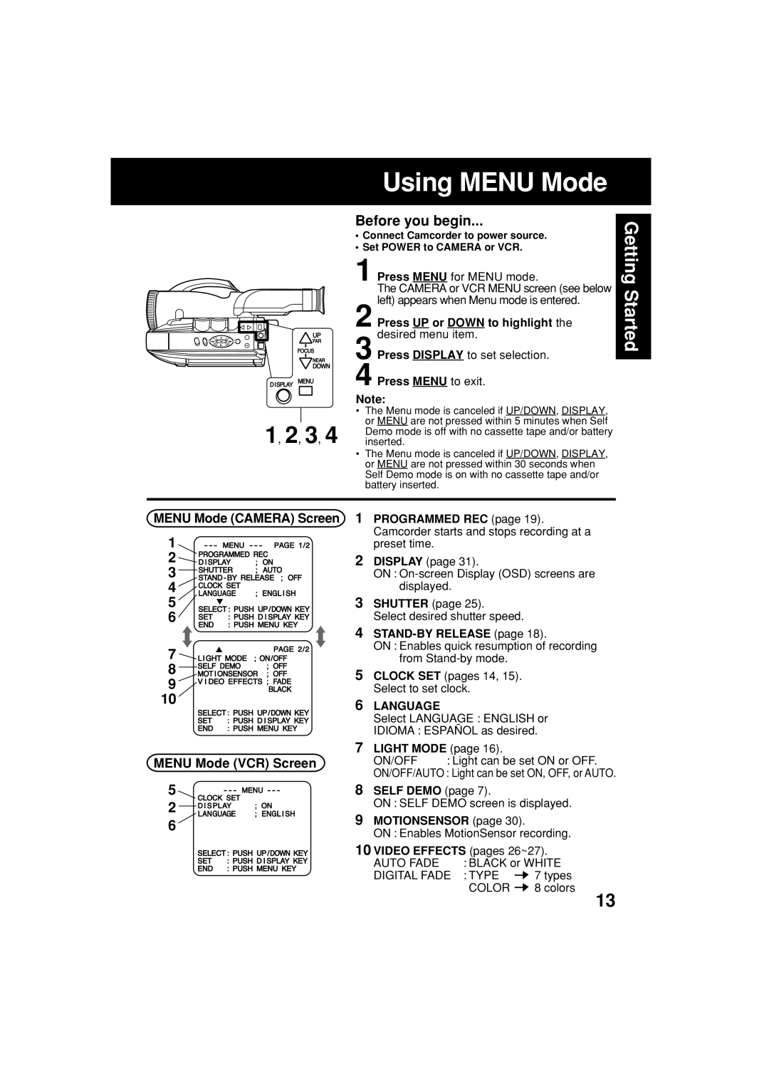 Panasonic PV-L552H operating instructions Using Menu Mode, Menu Mode Camera Screen Menu Mode VCR Screen, Language 