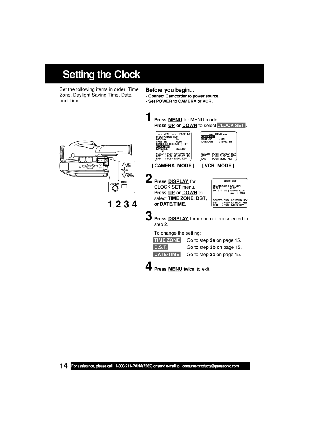 Panasonic PV-L552H operating instructions Setting the Clock, Camera Mode VCR Mode 