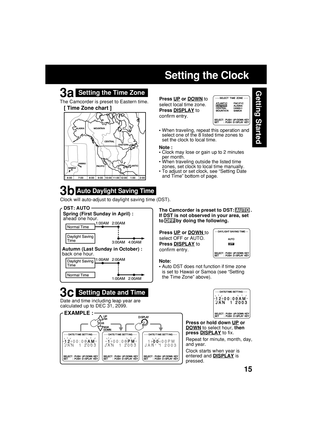 Panasonic PV-L552H 3a Setting the Time Zone, 3b Auto Daylight Saving Time, 3c Setting Date and Time, Time Zone chart 