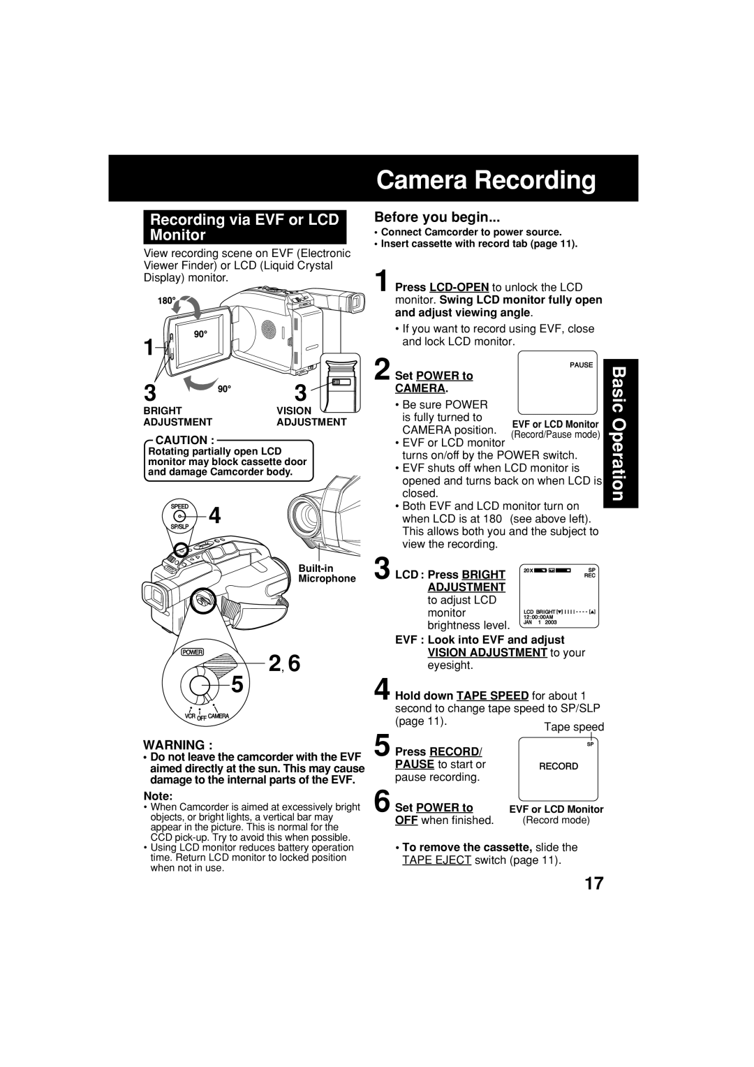 Panasonic PV-L552H operating instructions Camera Recording, Recording via EVF or LCD Monitor, Set Power to, Press Record 