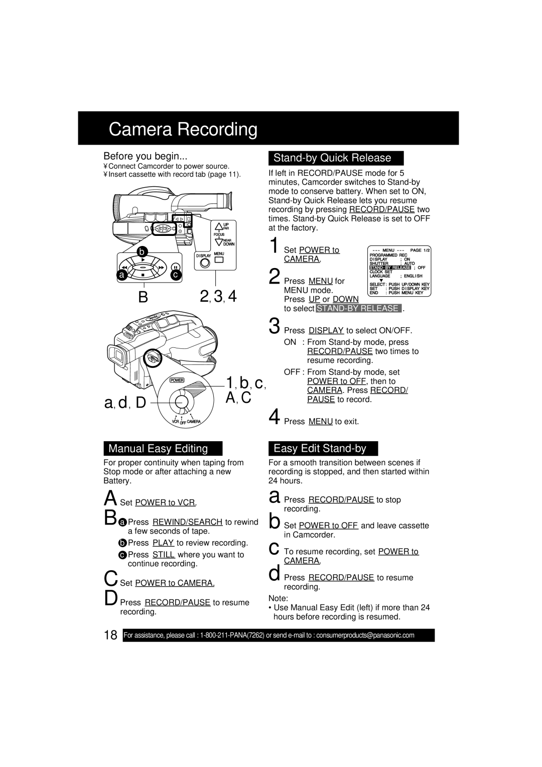 Panasonic PV-L552H operating instructions Stand-by Quick Release, Manual Easy Editing Easy Edit Stand-by, Press Menu for 