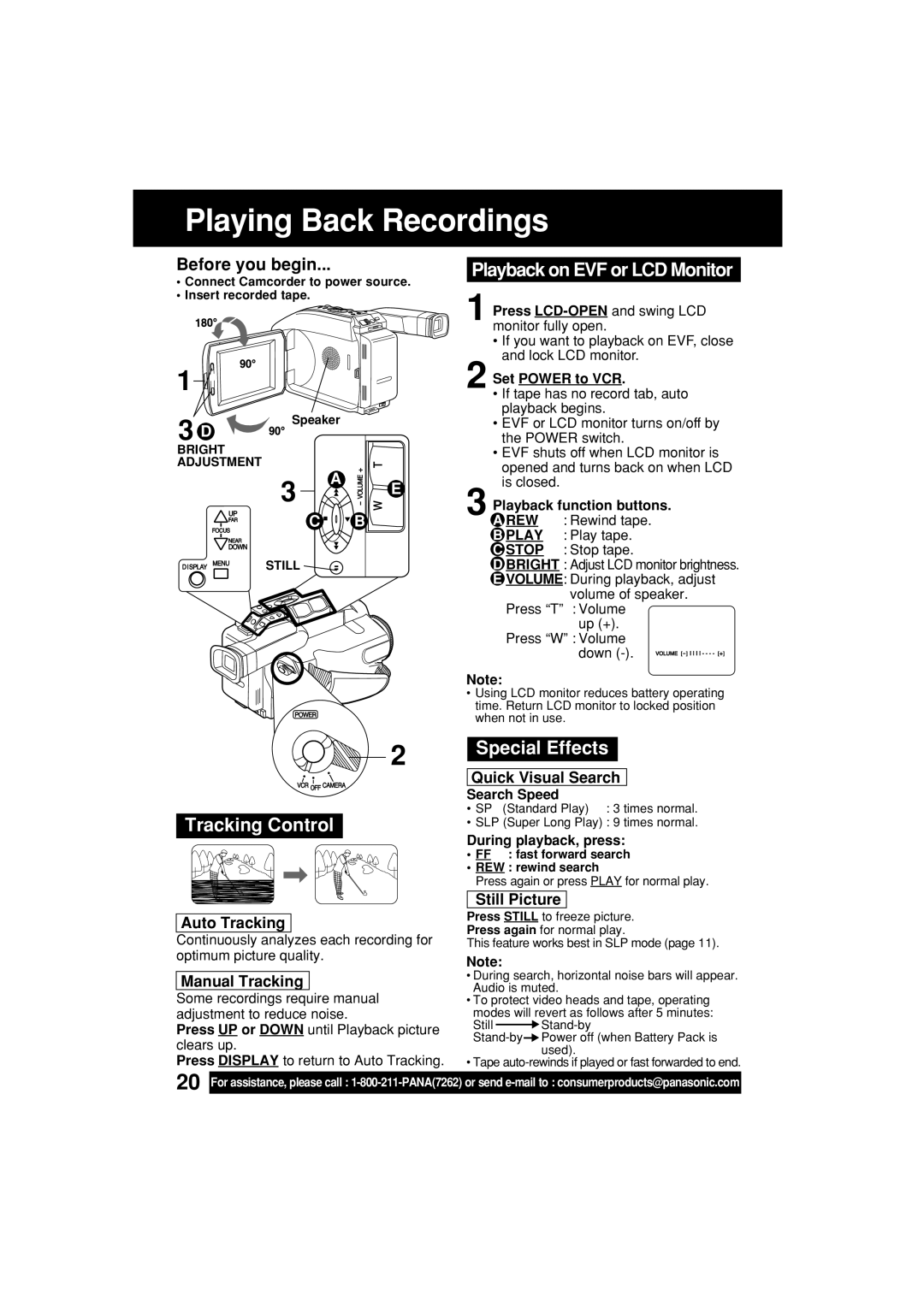 Panasonic PV-L552H Playing Back Recordings, Playback on EVF or LCD Monitor, Tracking Control, Special Effects 