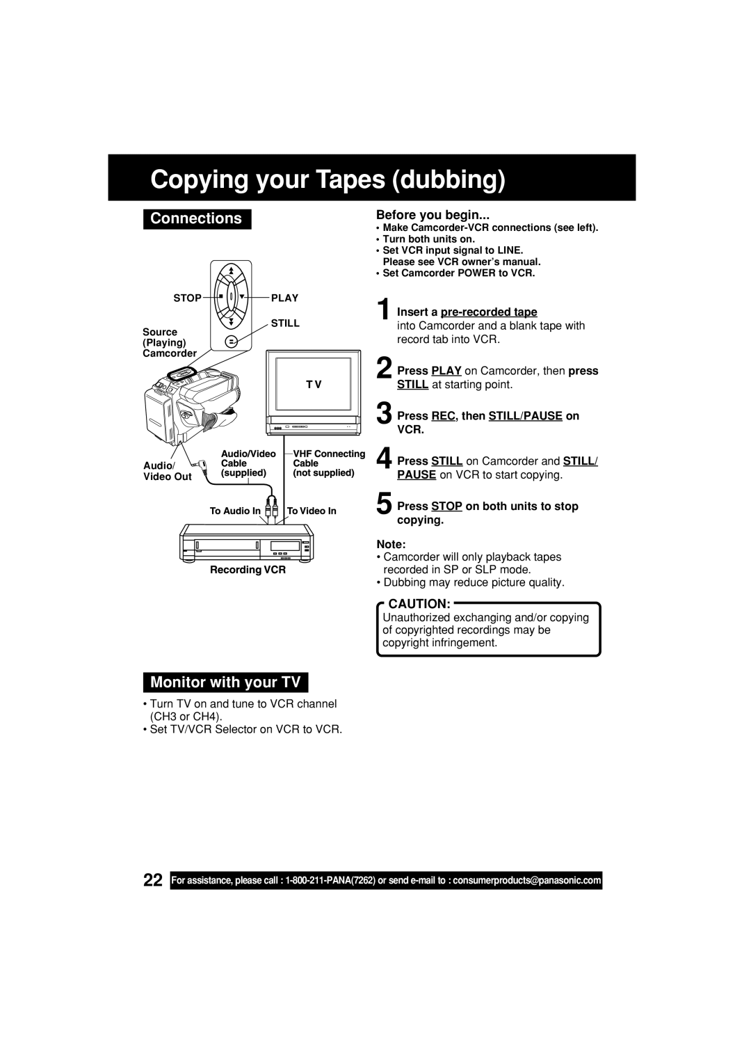 Panasonic PV-L552H operating instructions Copying your Tapes dubbing, Connections, Monitor with your TV, Before you begin 