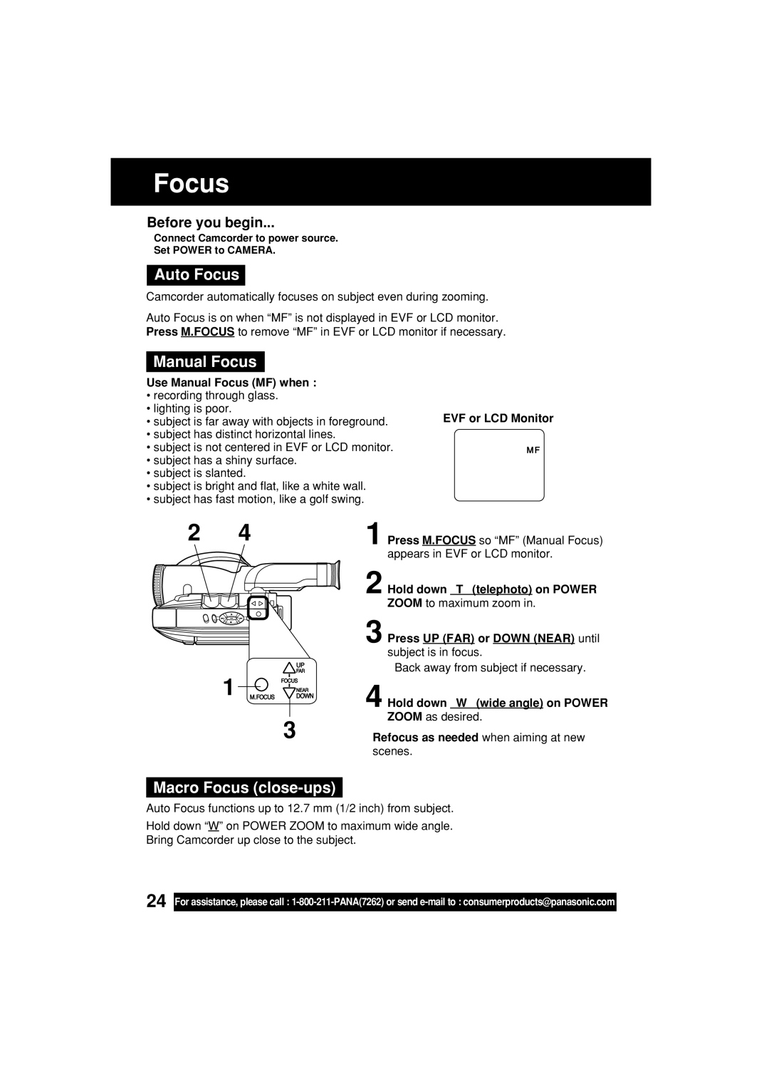 Panasonic PV-L552H operating instructions Auto Focus, Macro Focus close-ups, Use Manual Focus MF when 