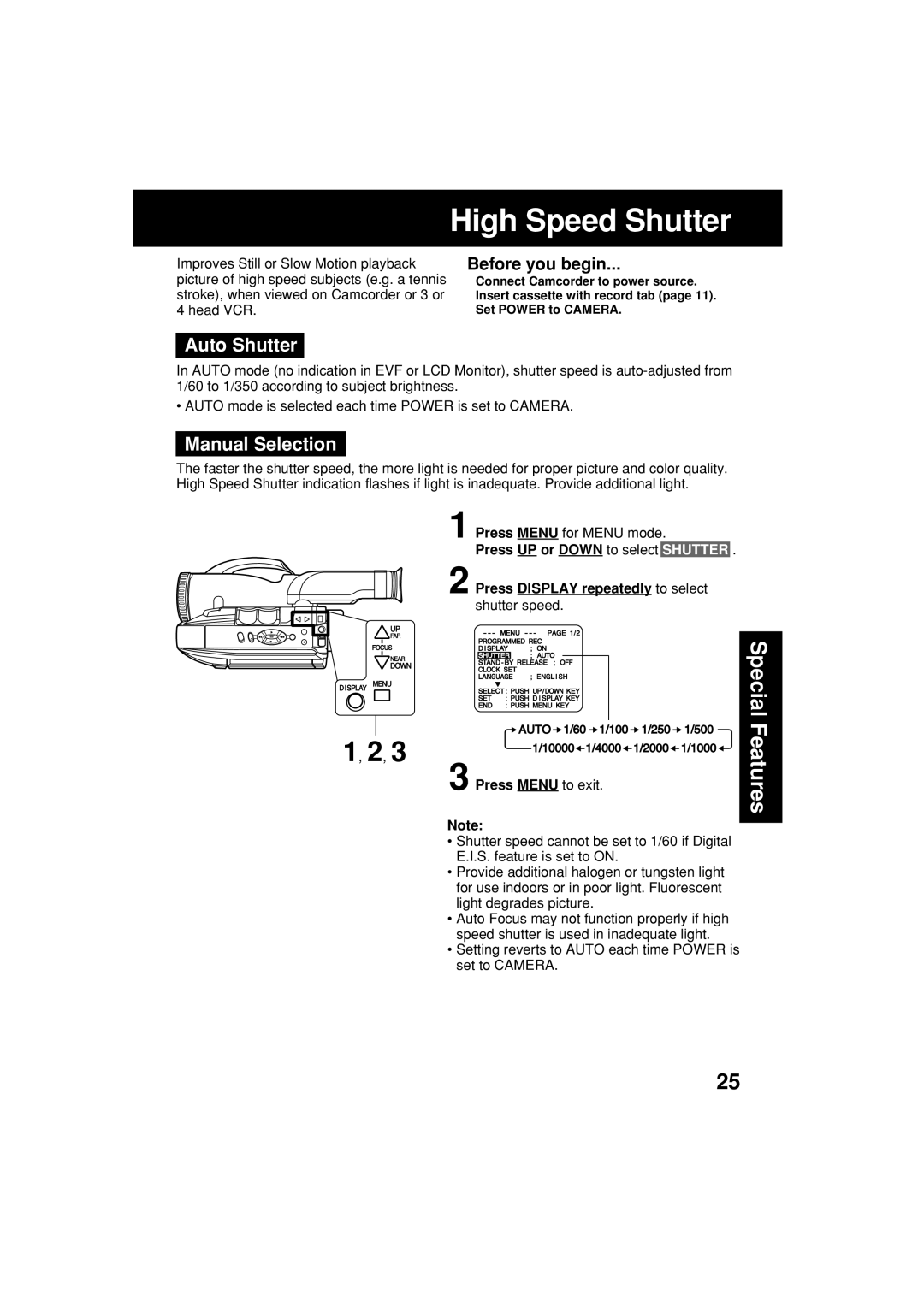 Panasonic PV-L552H High Speed Shutter, Auto Shutter, Manual Selection, Press Display repeatedly to select shutter speed 