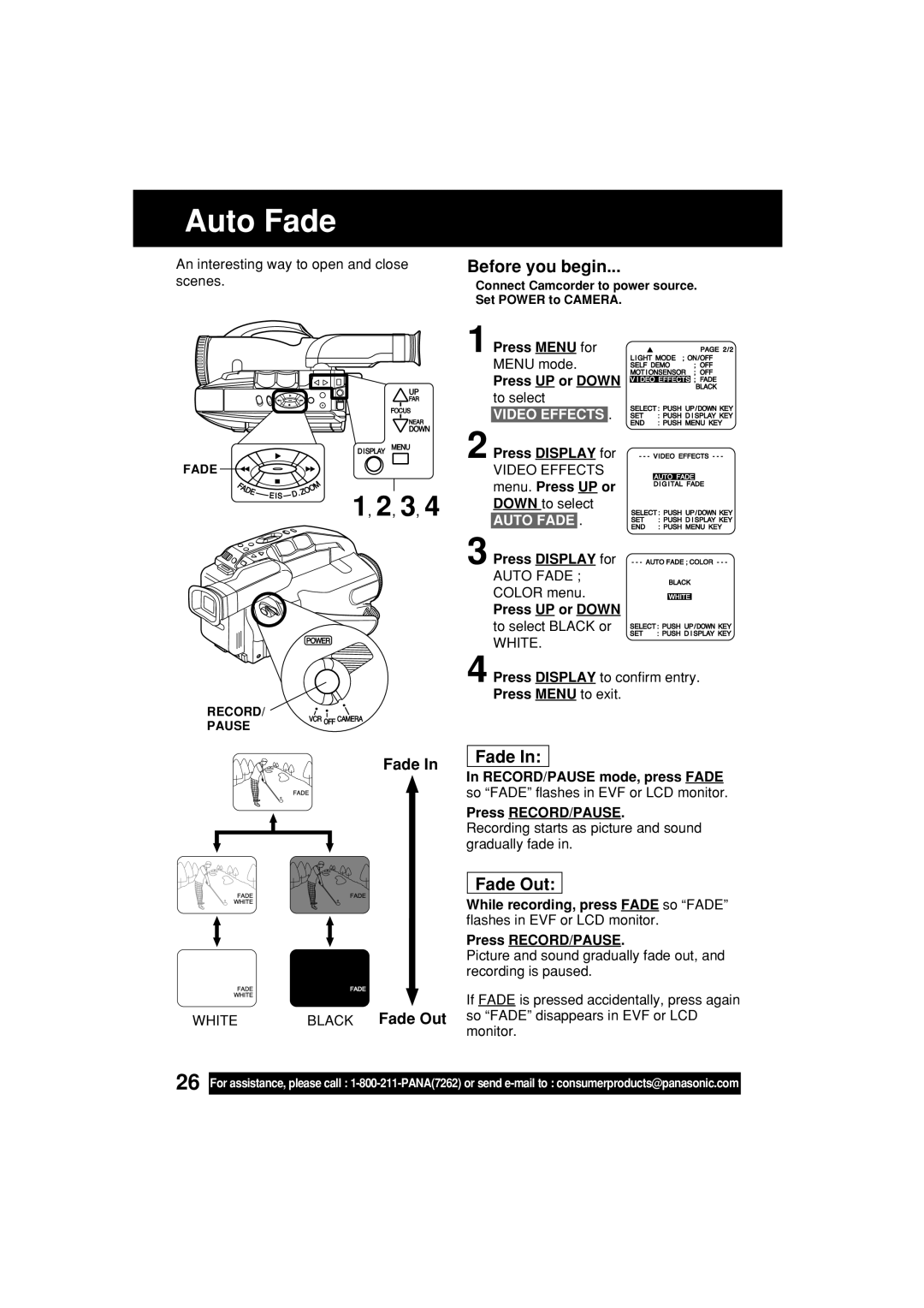 Panasonic PV-L552H operating instructions Auto Fade, Black Fade Out, Video Effects 