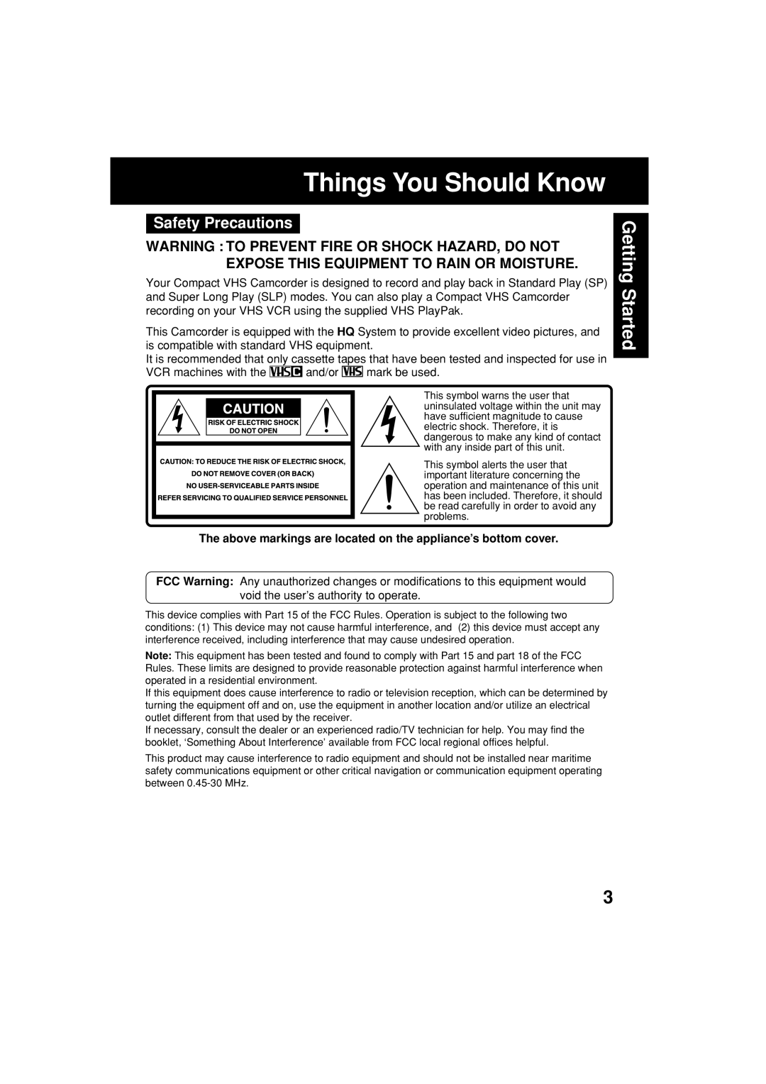 Panasonic PV-L552H operating instructions Safety Precautions, Above markings are located on the appliance’s bottom cover 