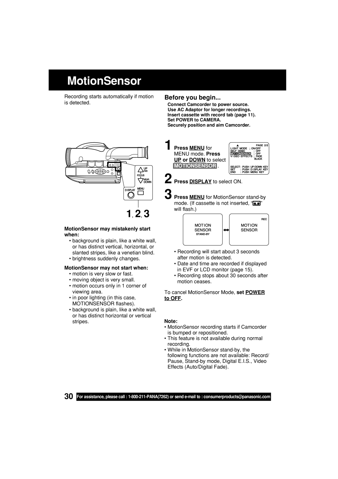 Panasonic PV-L552H MotionSensor may mistakenly start when, MotionSensor may not start when, Motionsensor 