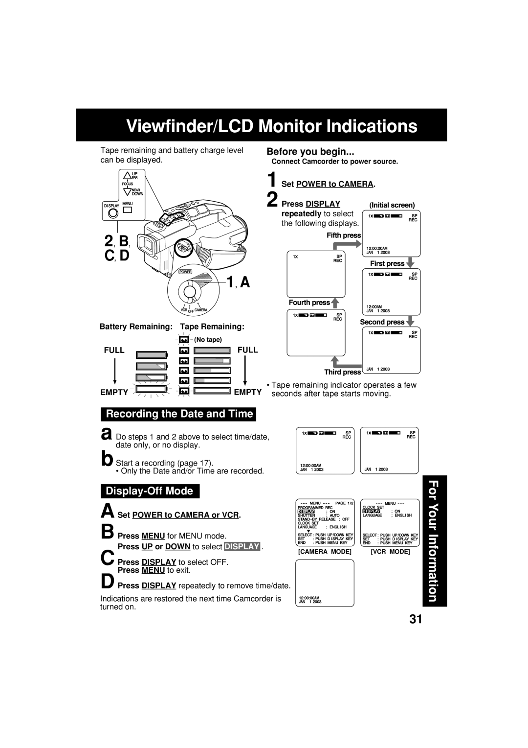 Panasonic PV-L552H Viewfinder/LCD Monitor Indications, Recording the Date and Time, Display-Off Mode, Full, Empty 