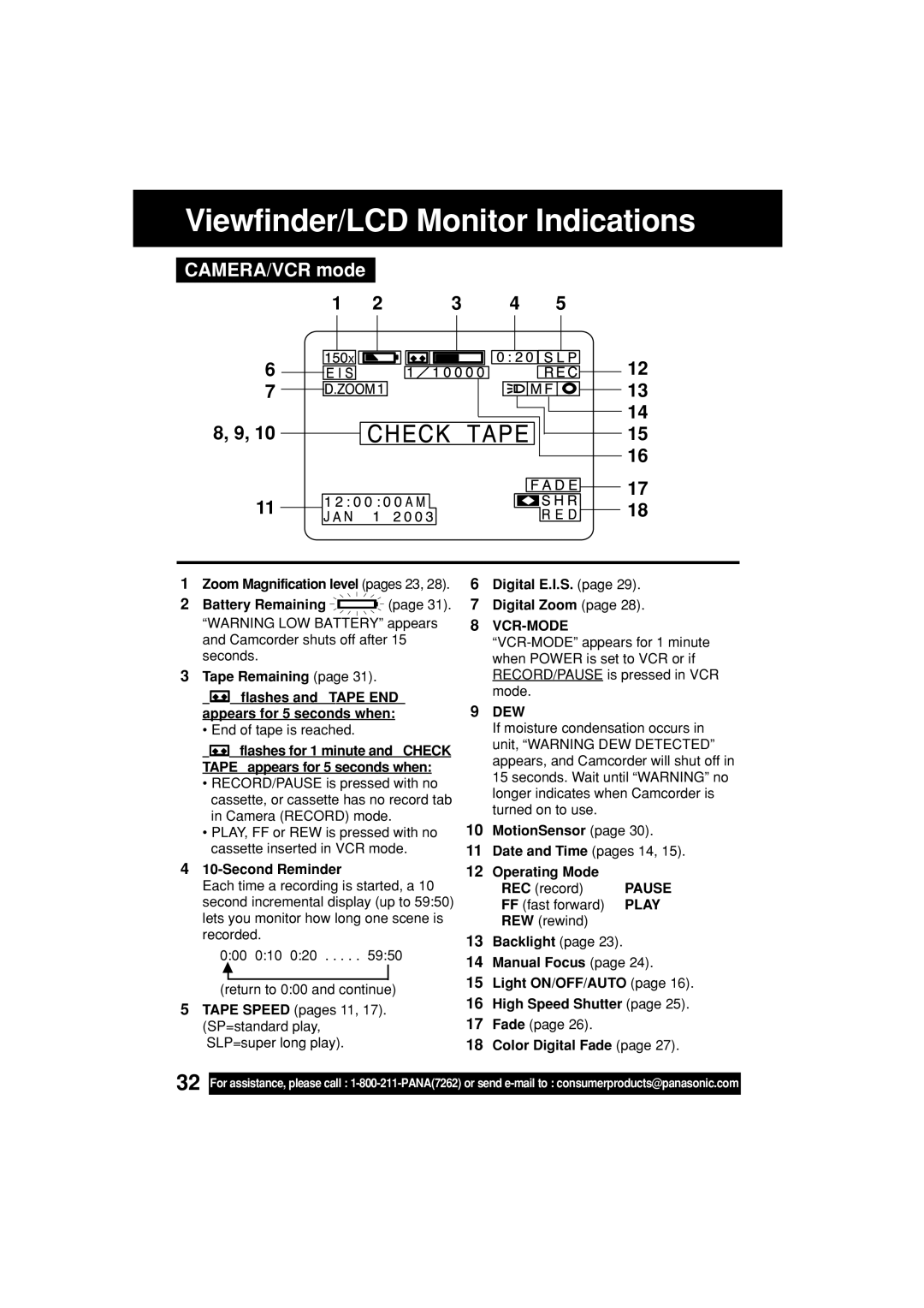 Panasonic PV-L552H operating instructions CAMERA/VCR mode, Vcr-Mode, Dew, Pause 