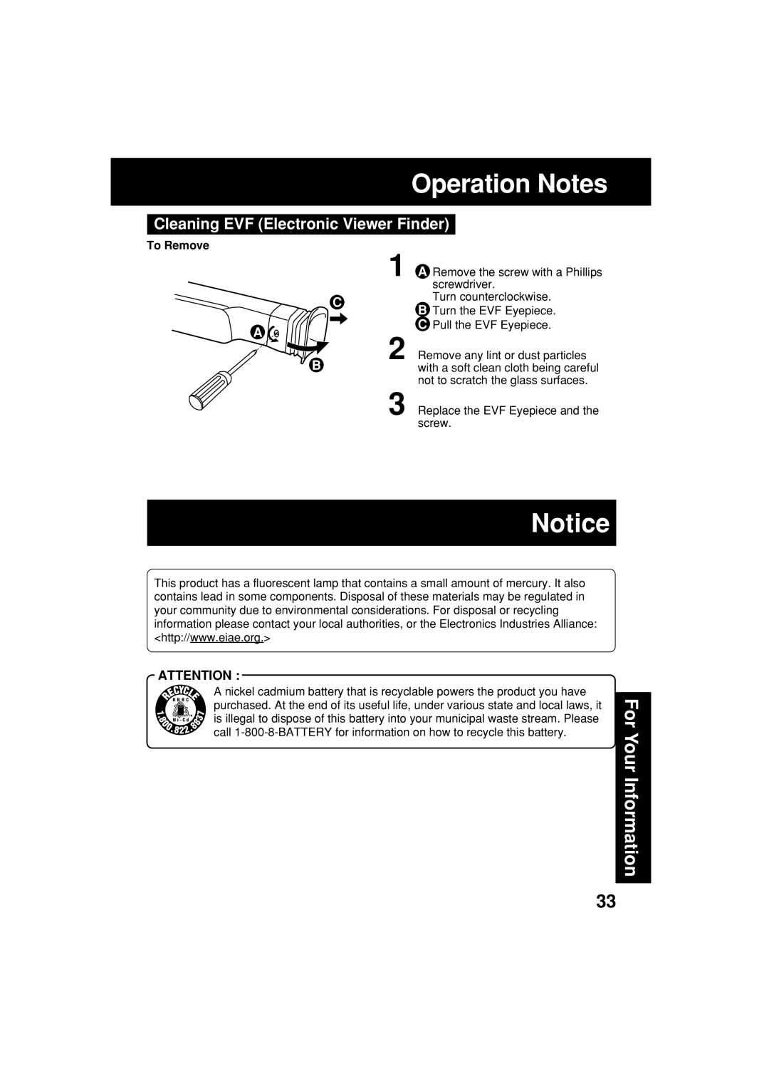 Panasonic PV-L552H operating instructions Operation Notes, Cleaning EVF Electronic Viewer Finder, To Remove 