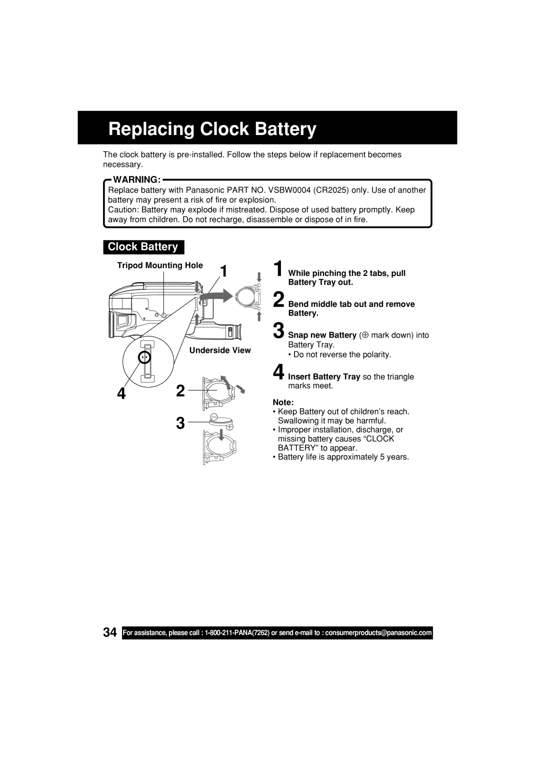 Panasonic PV-L552H operating instructions Replacing Clock Battery, Insert Battery Tray so the triangle marks meet 