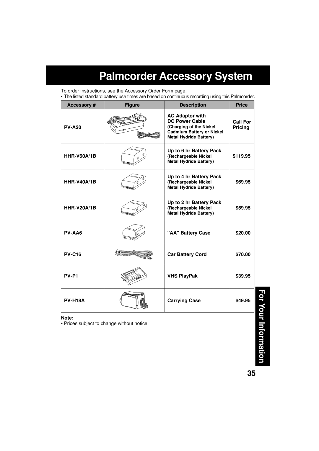 Panasonic PV-L552H operating instructions Palmcorder Accessory System, PV-AA6 