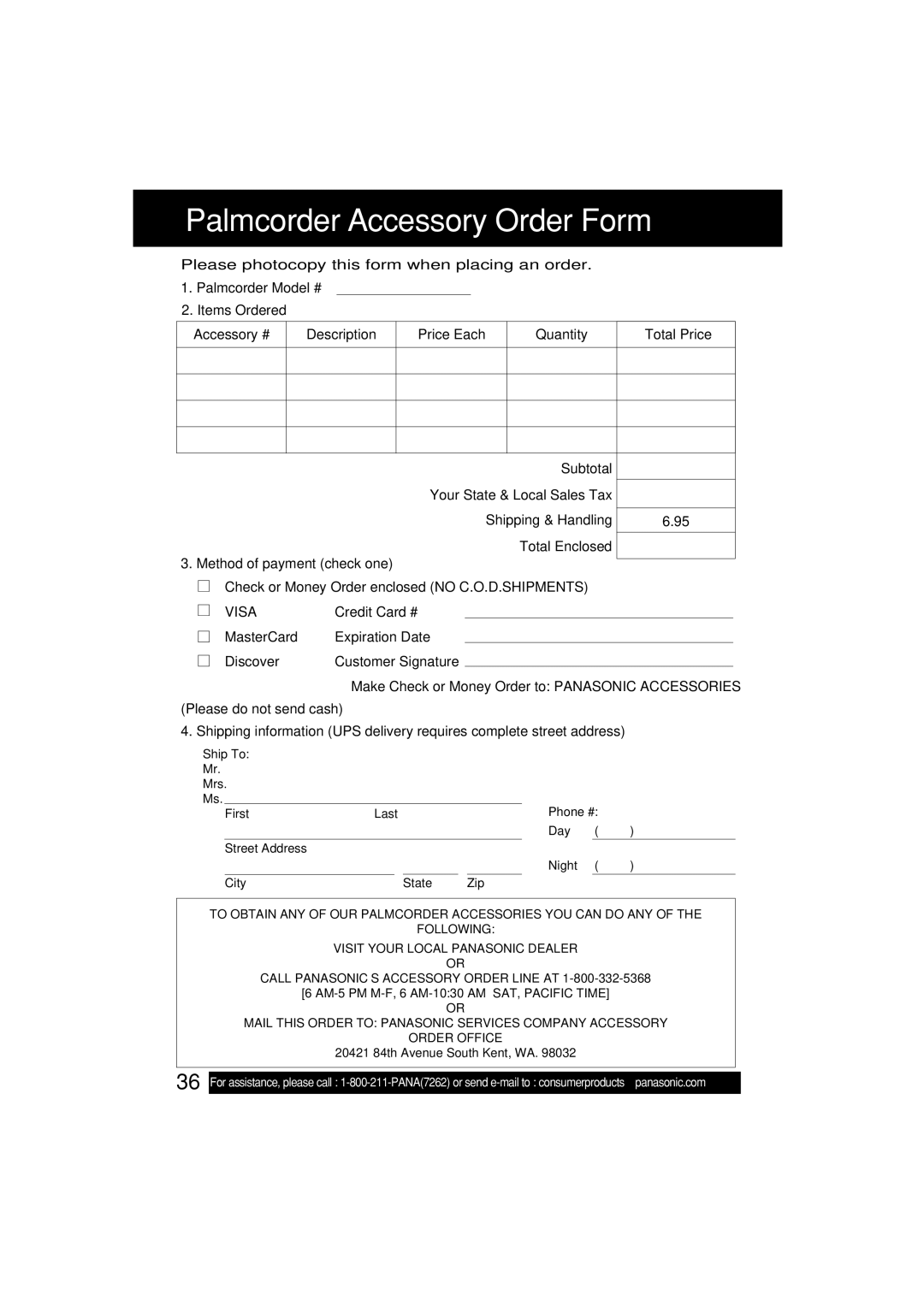 Panasonic PV-L552H operating instructions Palmcorder Accessory Order Form, Visa 