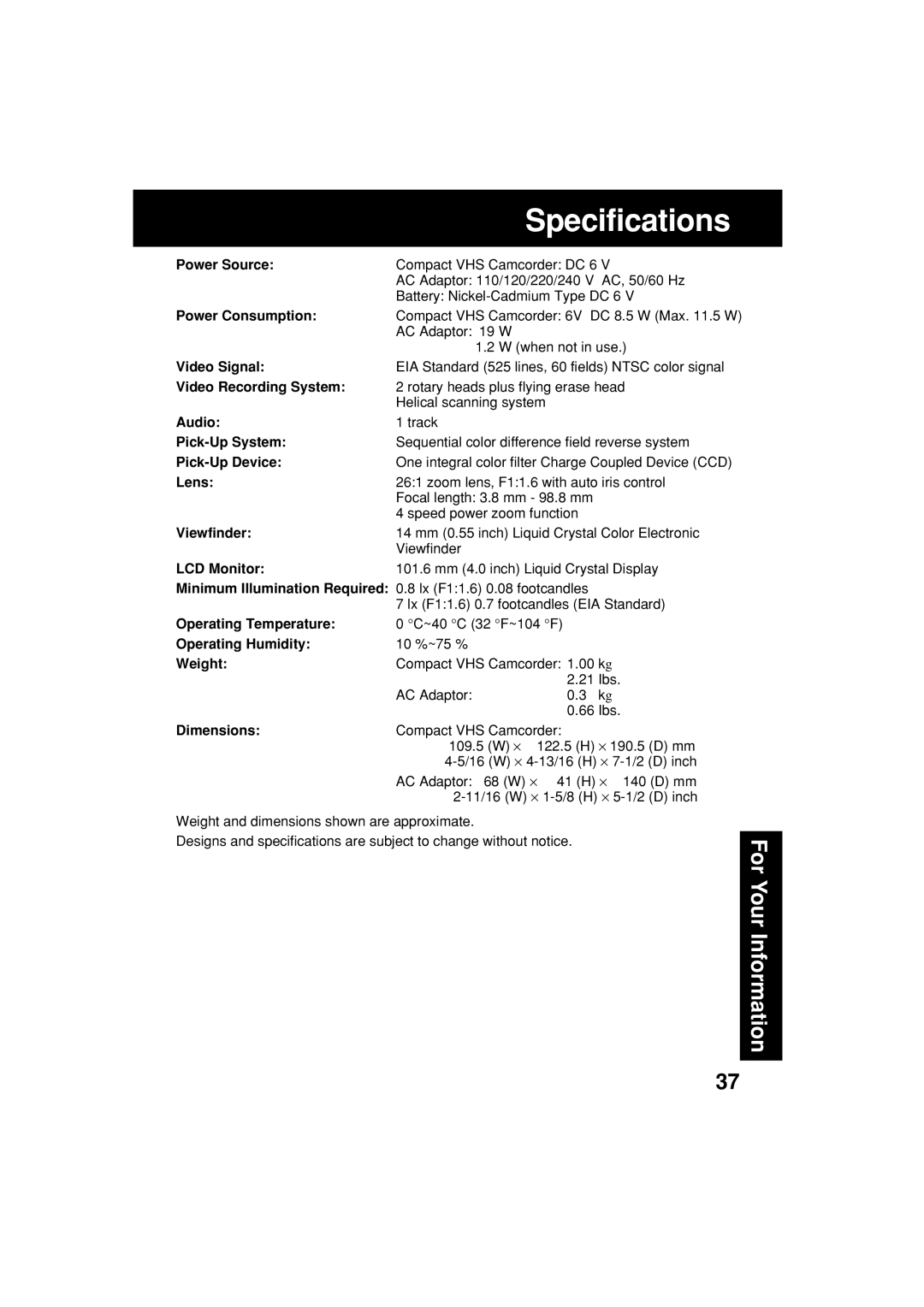 Panasonic PV-L552H operating instructions Specifications 