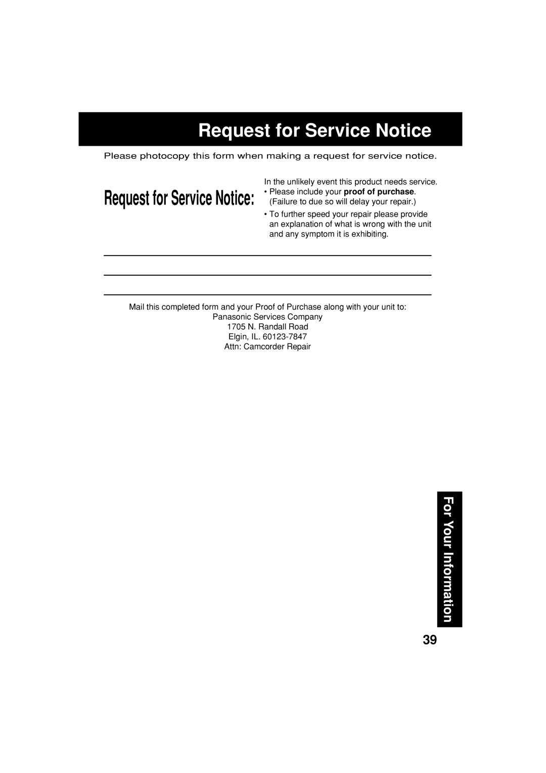 Panasonic PV-L552H operating instructions Request for Service Notice 