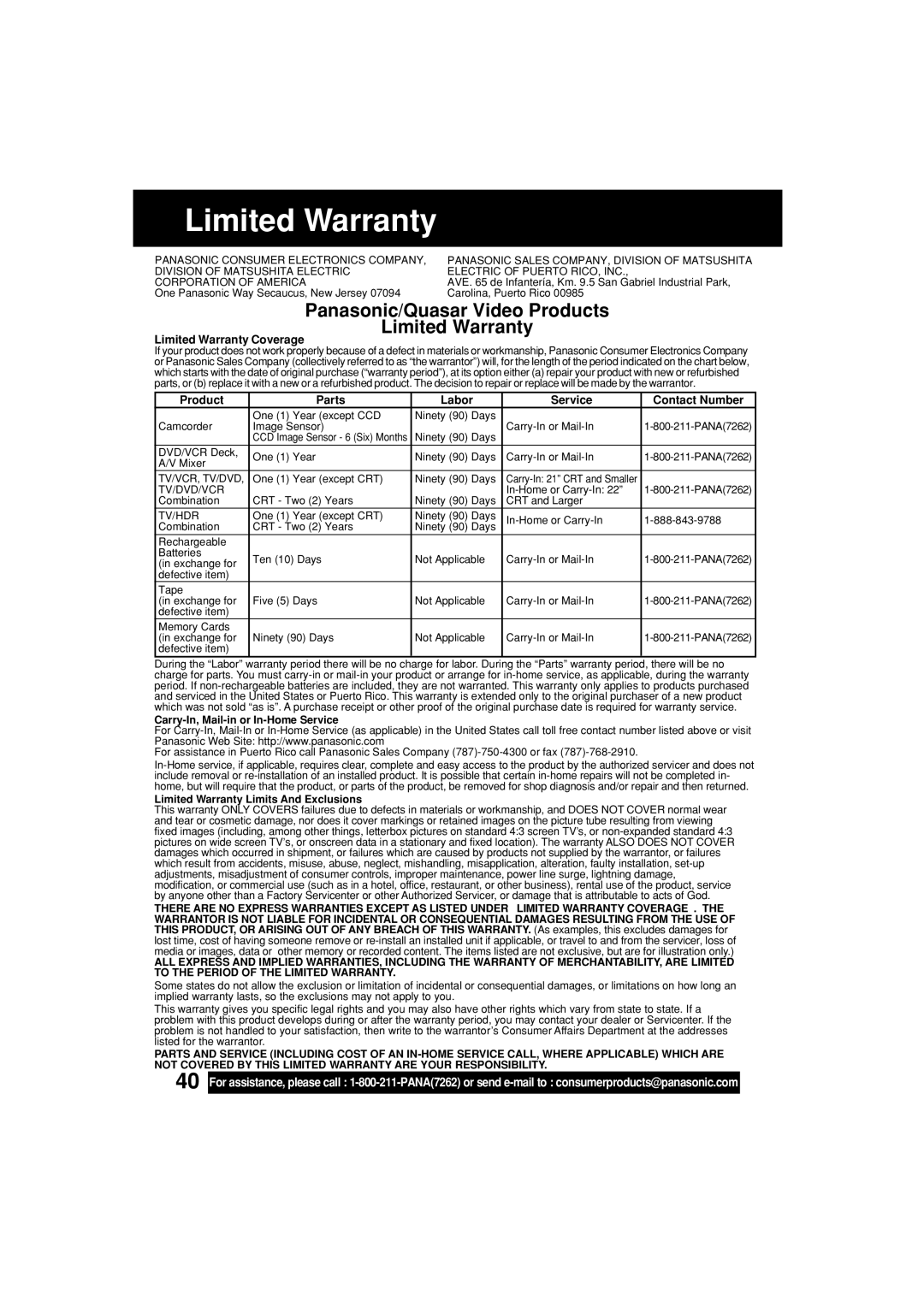 Panasonic PV-L552H operating instructions Panasonic/Quasar Video Products Limited Warranty 