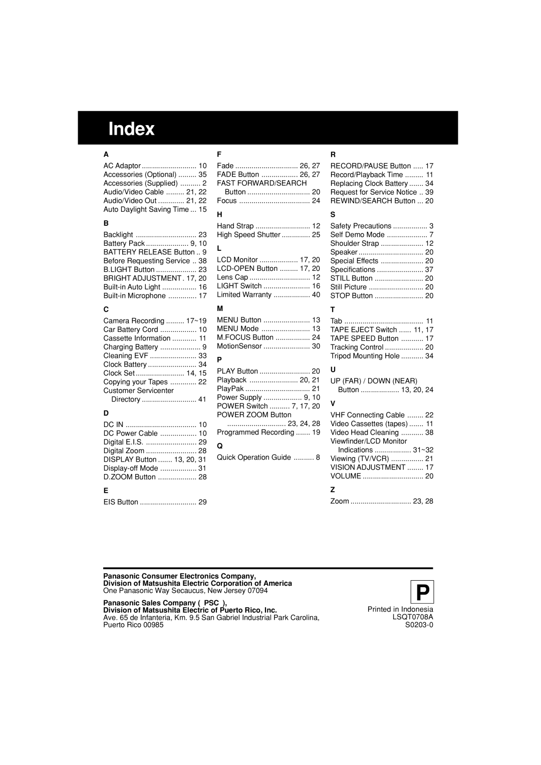 Panasonic PV-L552H operating instructions Index, Bright Adjustment 