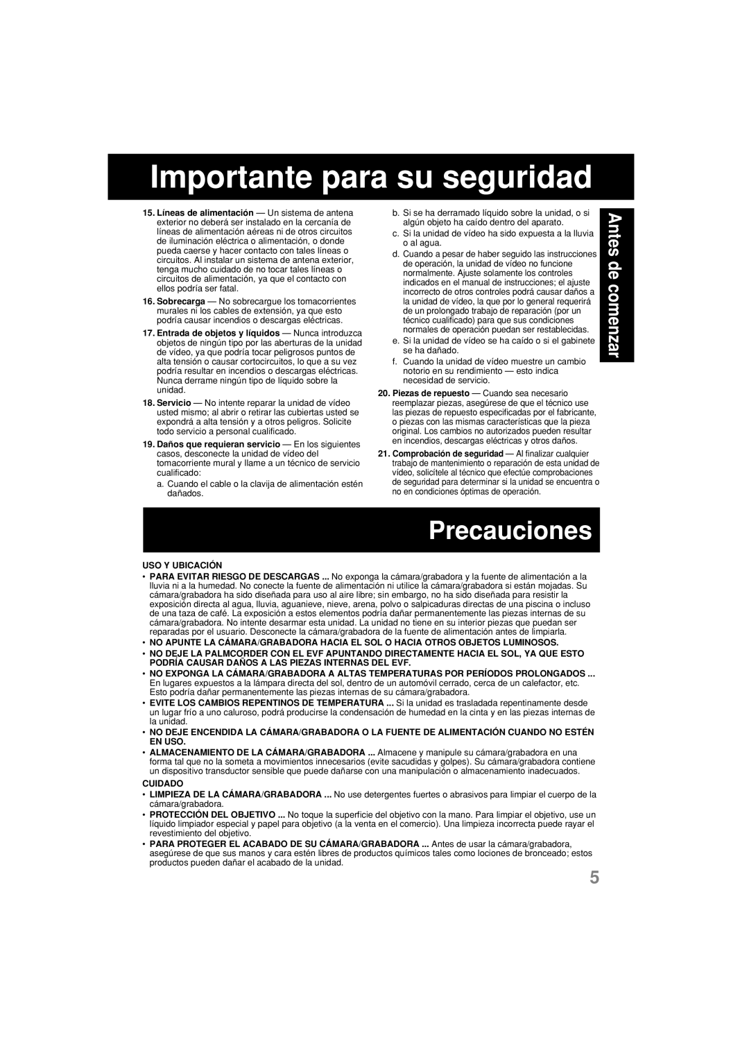 Panasonic PV-L552H operating instructions Precauciones, USO Y Ubicación 